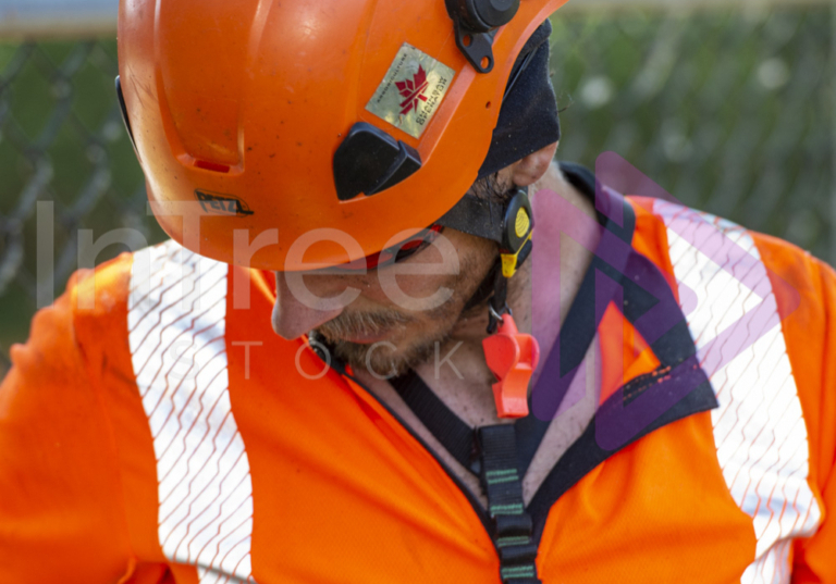 Man wearing orange helmet and hi-vis with SRT chest harness